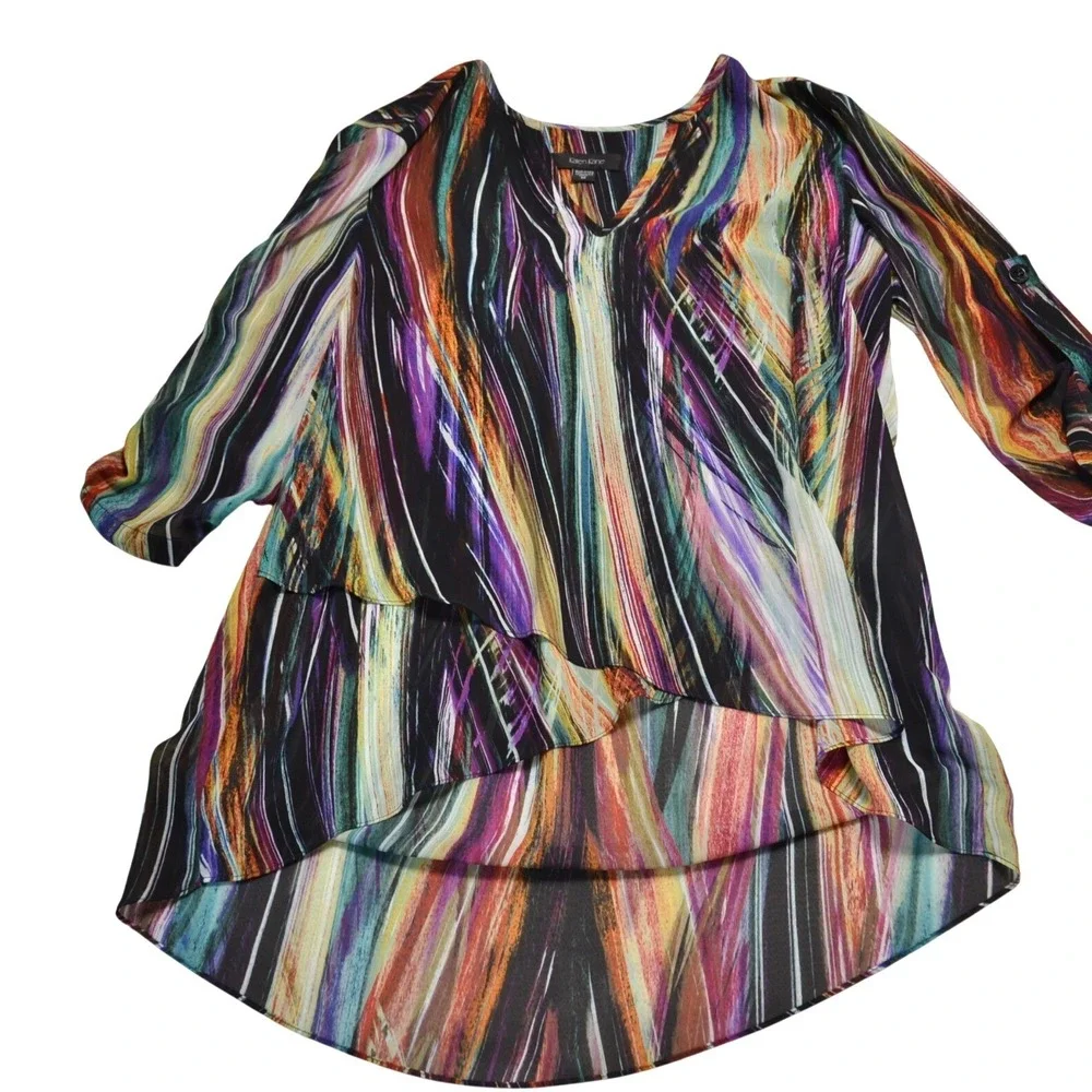 Karen Kane Hi-Low Tunic Blouse Layered Office Evening Bold Spring Multicolor M